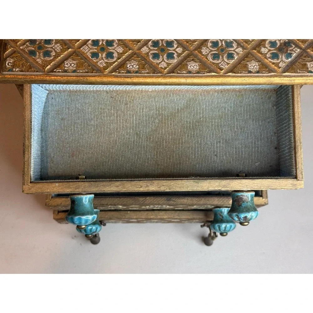 VTG Florentine Style Wooden Jewelry chest 4 Drawer Design Estate Ceramic Knobs